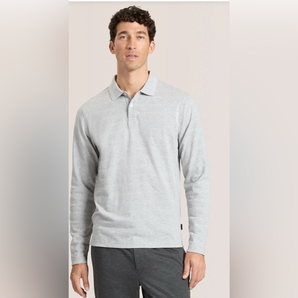 Ted Baker popcorn stripe long sleeve heather Light grey Gray Polo Shirt top NWT